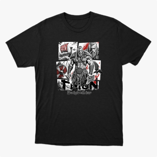 Camiseta com estampa frontal de guerreiro musculoso em quadrantes, com navio, homem barbudo, escudo e machado ao fundo, com texto inferior "Thron Bodybuilder".