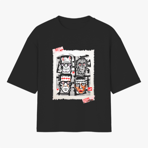 Camiseta com estampa frontal de retratos estilizados de monstros clássicos em um layout tipo colagem de quadrinhos, incluindo elementos de cartas postais.