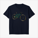 Camiseta com estampa frontal de bicicleta detalhada, exibindo um design técnico com diferentes componentes e traços meticulosos nas rodas e quadro.