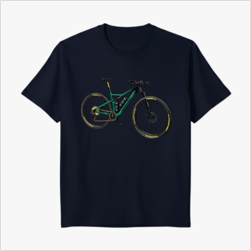 Camiseta com estampa frontal de bicicleta detalhada, exibindo um design técnico com diferentes componentes e traços meticulosos nas rodas e quadro.