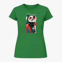 Camiseta com estampa frontal de panda estilizado usando óculos escuros, lenço e traje moderno, inserido em um design geométrico abstrato.