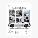 Quadro com estampa frontal de um carro esportivo Lexus em várias perspectivas, texto promocional e informações técnicas do veículo, incluindo logotipo e ano 2012.