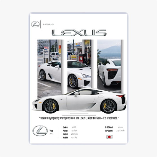 Quadro com estampa frontal de um carro esportivo Lexus em várias perspectivas, texto promocional e informações técnicas do veículo, incluindo logotipo e ano 2012.