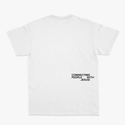 Camiseta com estampa frontal de letras estilizadas formando "LAB" no peito e estampa traseira de frase "CONNECTING PEOPLE WITH JESUS!" no canto inferior.