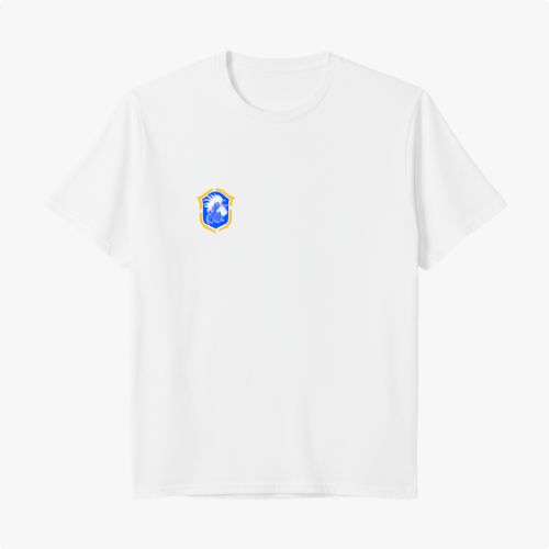 Camiseta com estampa frontal de brasão detalhado e estampa traseira de "Brasil de Axé" com números "777" estilizados sobre imagem difusa de elementos culturais.