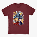 Camiseta com estampa frontal de três personagens em estilo animado, cercados por símbolos místicos e letras verticais estilizadas à esquerda.