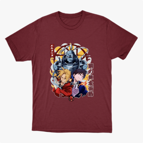 Camiseta com estampa frontal de três personagens em estilo animado, cercados por símbolos místicos e letras verticais estilizadas à esquerda.