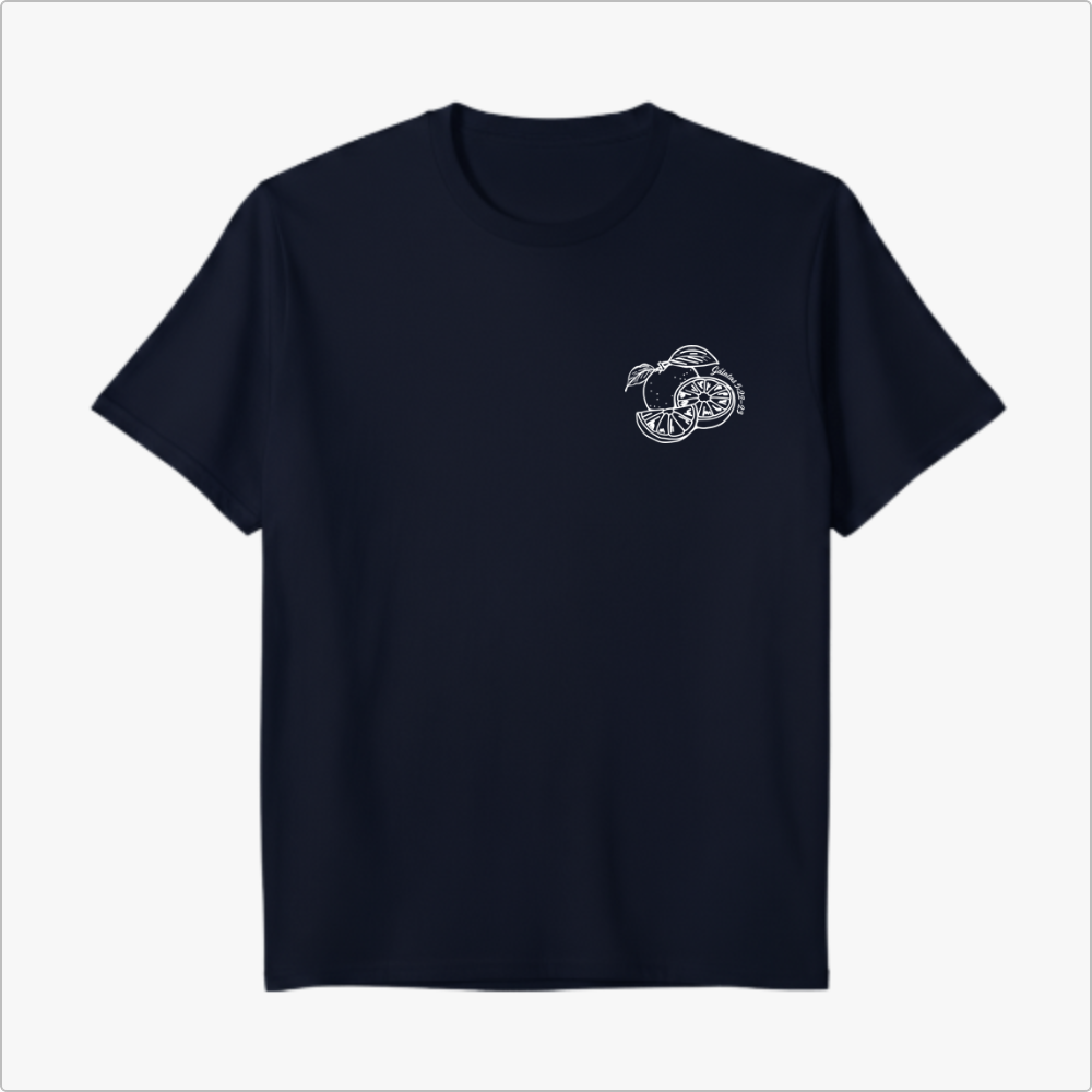 Camiseta com estampa frontal de limão desenhado em traços finos, e estampa traseira de citação "Fruto do Espírito" com limões e elementos escritos.