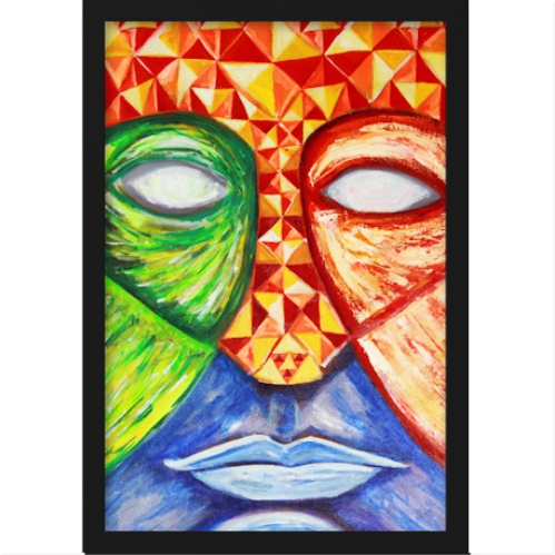 Quadro com estampa de um rosto abstrato dividido em cores distintas por formas geométricas e traços curvos, destacando áreas vibrantes e contrastantes.
