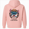 Moletom com estampa frontal de emblema circular com folhas e estampa traseira de personagem azul com chapéu, gravata vermelha e "LOGOS COUNTRY".