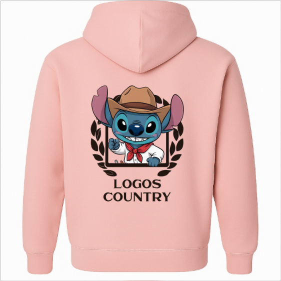 Moletom com estampa frontal de emblema circular com folhas e estampa traseira de personagem azul com chapéu, gravata vermelha e "LOGOS COUNTRY".