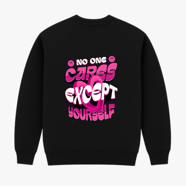 Moletom com estampa traseira de texto estilizado "No One Cares Except Yourself" adornado por símbolos de smiley, criando uma composição arrojada.
