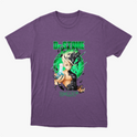 Camiseta com estampa frontal de personagem anime segurando um frasco, envolto em elementos científicos e letras "Dr. Stone" acima e "E=MC²" abaixo.