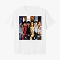Camiseta com estampa frontal de colagem de imagens retratando várias fases de um artista, com álbuns icônicos e poses distintas em sequência.