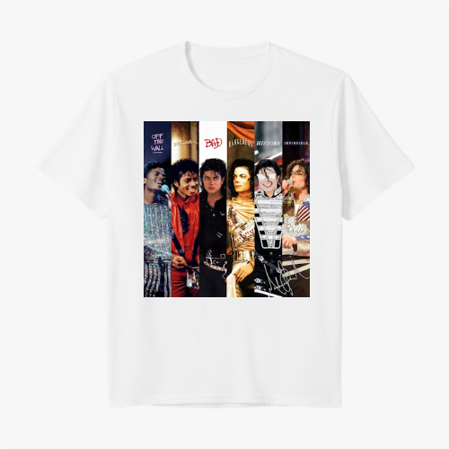 Camiseta com estampa frontal de colagem de imagens retratando várias fases de um artista, com álbuns icônicos e poses distintas em sequência.