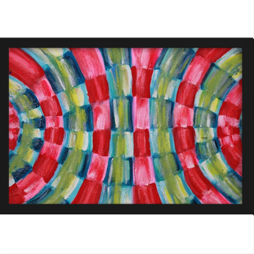 Quadro com estampa frontal de pinceladas abstratas em padrão circular, combinando linhas e formas em movimento fluido.