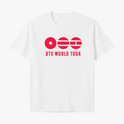 Camiseta com estampa frontal de três círculos, cada um com um design único e a frase "BTS WORLD TOUR" escrita em fonte destacada abaixo.