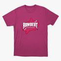 Camiseta com estampa frontal de estrela estilizada com contorno dinâmico, texto central em negrito e pequenos brilhos ao redor, sugerindo movimento.