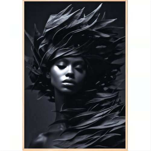 Quadro com estampa frontal de retrato artístico de uma mulher, em estilo monocromático, adornada com folhas estilizadas ao redor da cabeça e ombros.