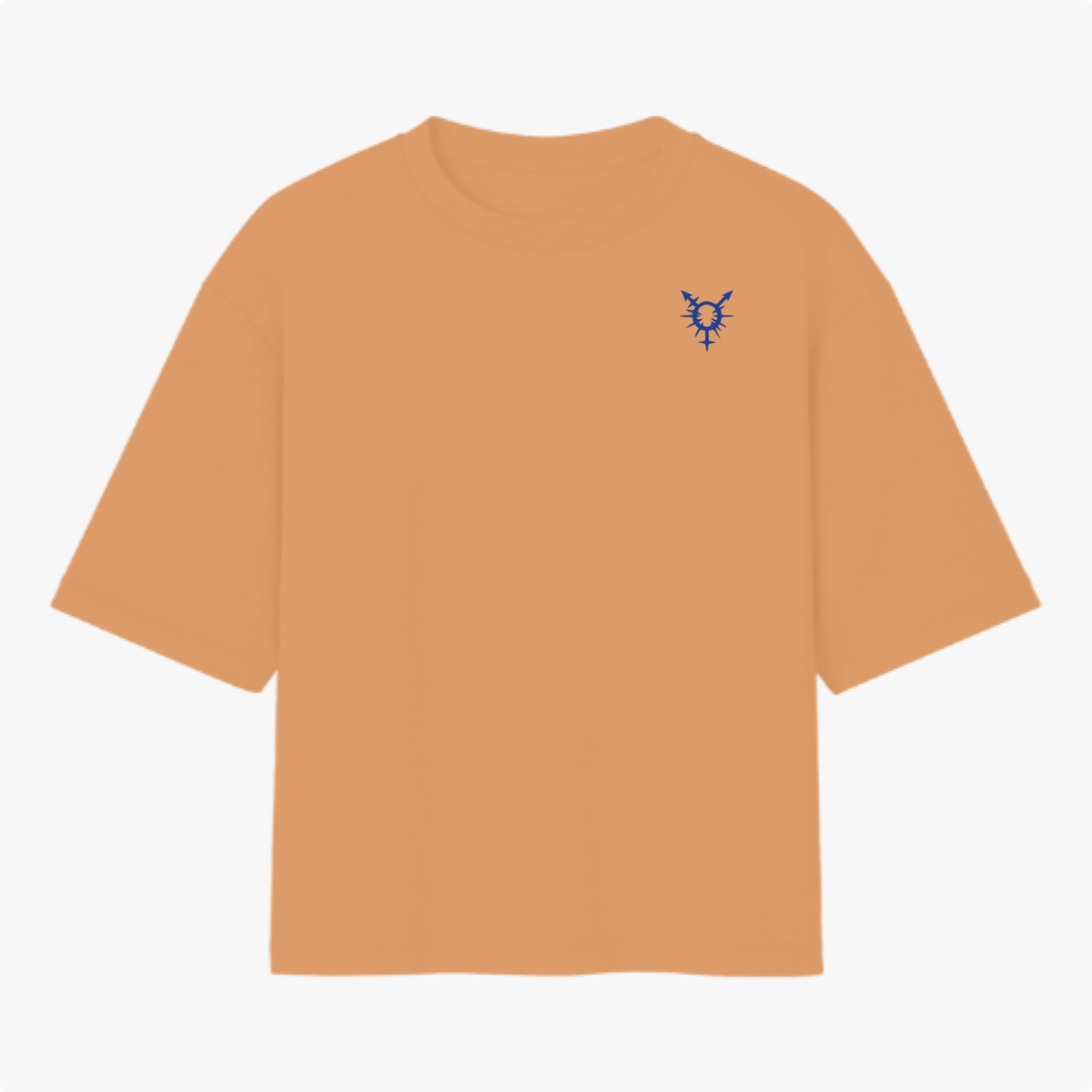 Camiseta com estampa frontal de figura geométrica abstrata e estampa traseira de pássaro estilizado com frases e elementos gráficos variados.