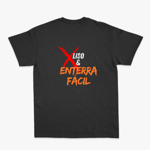Camiseta com estampa frontal de símbolo de basquete com palavras associadas e estampa traseira de texto com destaque para "Liso & Enterra Fácil".