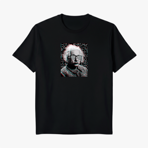 Camiseta com estampa frontal de figura histórica estilizada com efeito glitch e visual pixelado, destacando óculos escuros e cabelos esvoaçantes.