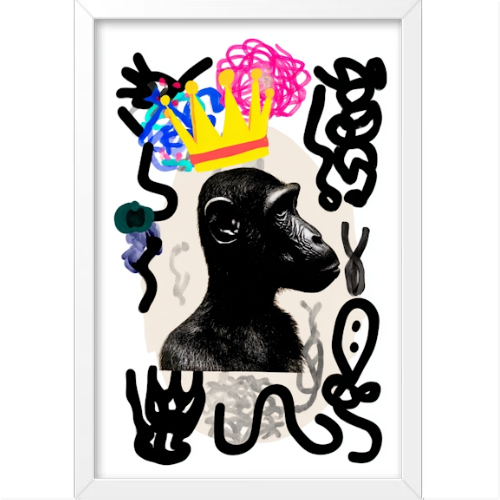 Quadro com estampa de macaco usando coroa amarela, rodeado por rabiscos pretos, formas coloridas e padrões abstratos variados.