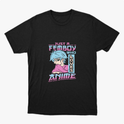 Camiseta com estampa frontal de personagem ilustrado em estilo anime com cabelo azul, vestindo camisa e texto impactante sobre amor por anime.