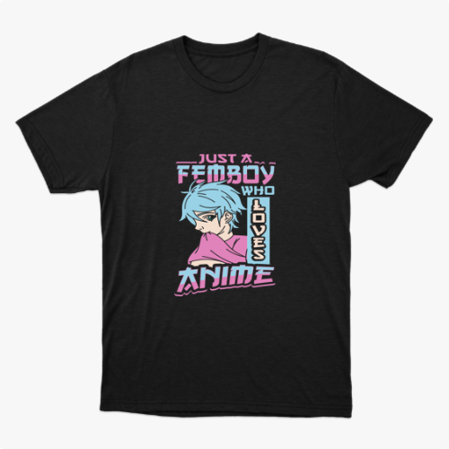 Camiseta com estampa frontal de personagem ilustrado em estilo anime com cabelo azul, vestindo camisa e texto impactante sobre amor por anime.