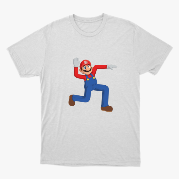 Camiseta com estampa frontal de um personagem icônico de macacão levantando uma mão aberta e apontando na outra direção, em posição alegre e animada.