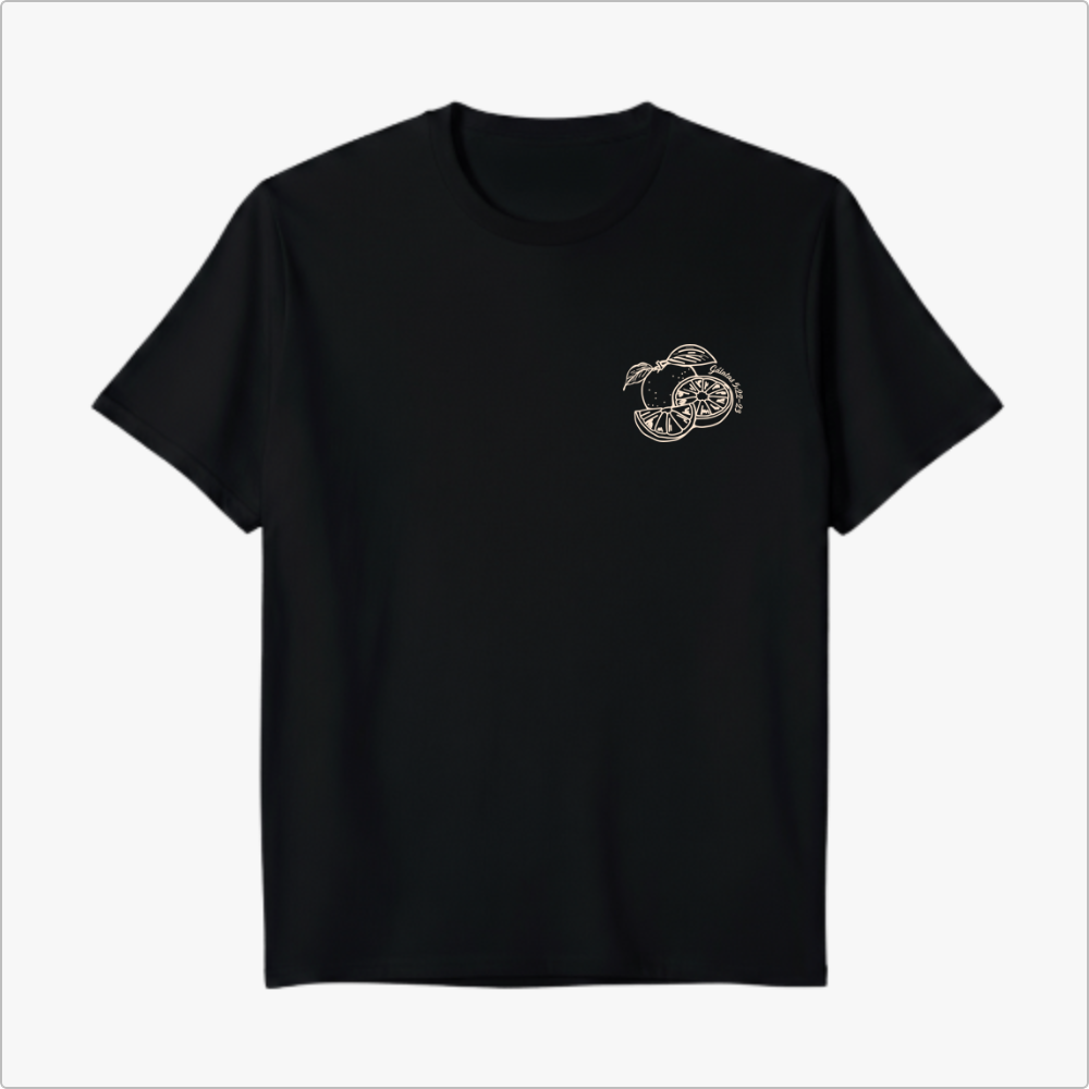 Camiseta com estampa frontal de limão desenhado em traços finos, e estampa traseira de citação "Fruto do Espírito" com limões e elementos escritos.