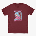 Camiseta com estampa frontal de ilustração de garota de cabelo azul e textos estilizados “Just a girl who loves anime” em fonte desenhada e moderna.