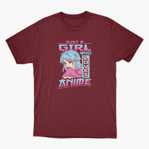Camiseta com estampa frontal de ilustração de garota de cabelo azul e textos estilizados “Just a girl who loves anime” em fonte desenhada e moderna.