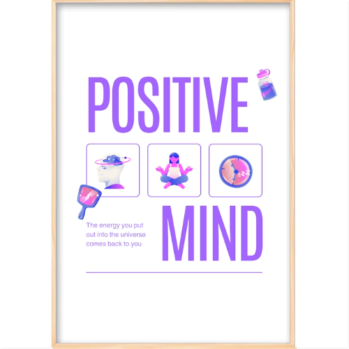Quadro com estampa frontal de ícones inspiradores, incluindo uma mulher meditando, uma cabeça de flor, um globo rosa e frasco, destacando "POSITIVE MIND".