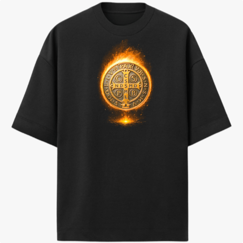 Camiseta com estampa frontal de um medalhão circular detalhado, cercado por um efeito de fogo vibrante, contendo letras e símbolos intricados no centro.