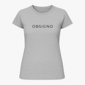 Camiseta com estampa frontal de texto minimalista apresentando a palavra "OBSIGNO" em um estilo simples e moderno.