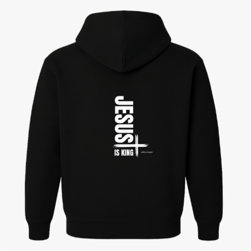 Moletom com estampa frontal de lettering estilizado "Verbo" e estampa traseira de texto vertical "Jesus is King" com um traço horizontal e cruz.