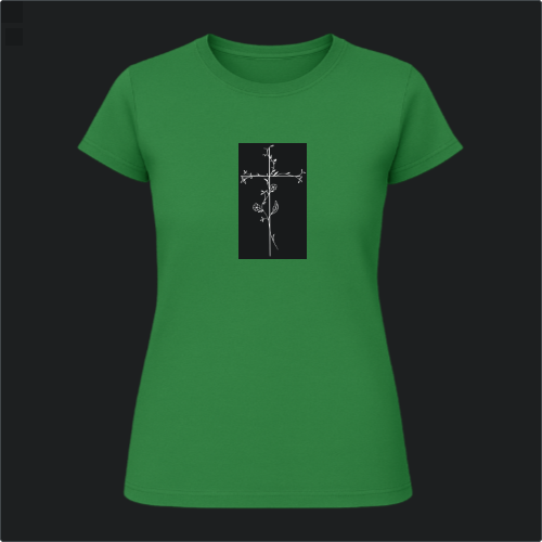Camiseta com estampa frontal de uma cruz ornamentada por delicados ramos florais que se entrelaçam ao longo de toda sua extensão, detalhando folhas.
