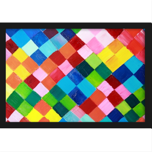 Quadro com estampa de mosaico geométrico composto por quadrados coloridos em padrão diagonal, combinando tons vibrantes em uma mistura harmoniosa.