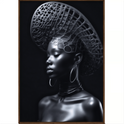Quadro com estampa de mulher em perfil, usando chapéu intricado com padrão geométrico, grandes argolas nas orelhas e uma textura metálica marcante.