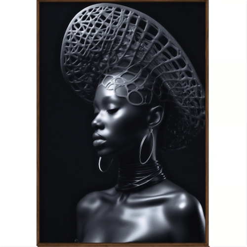 Quadro com estampa de mulher em perfil, usando chapéu intricado com padrão geométrico, grandes argolas nas orelhas e uma textura metálica marcante.