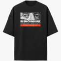 Camiseta com estampa frontal de olhos estilizados, coordenadas e texto "RLEMCOMPANY" repetido, além de "SPECIFICATION ID: RLEM-SYSTEM-01" em destaque.