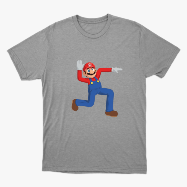 Camiseta com estampa frontal de um personagem icônico de macacão levantando uma mão aberta e apontando na outra direção, em posição alegre e animada.