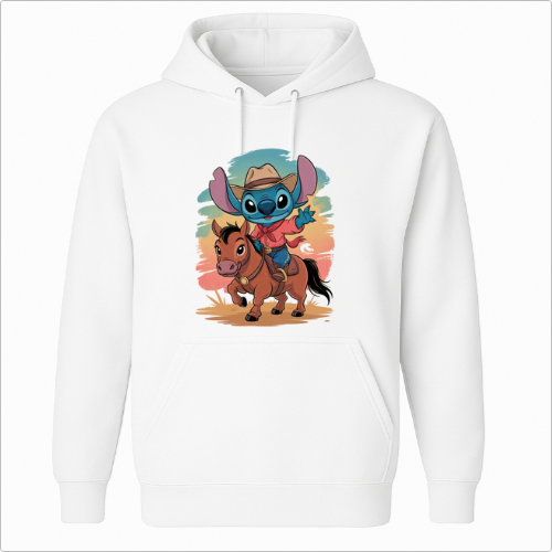 Moletom com estampa frontal de personagem alienígena vestido de cowboy montando um cavalo, fundo com suaves pinceladas que lembram um pôr do sol.