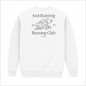 Moletom com estampa frontal de personagem correndo estilizado e pequenos textos, e estampa traseira de "Anti-Running Running Club" com personagem correndo.