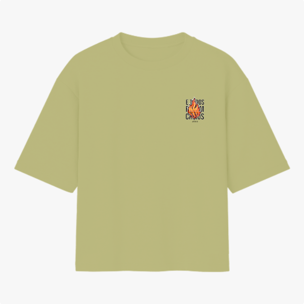 Camiseta com estampa frontal de um desenho de fogo cercado pelas palavras "eu dos fúria chaos" e estampa traseira com a palavra "vigia".