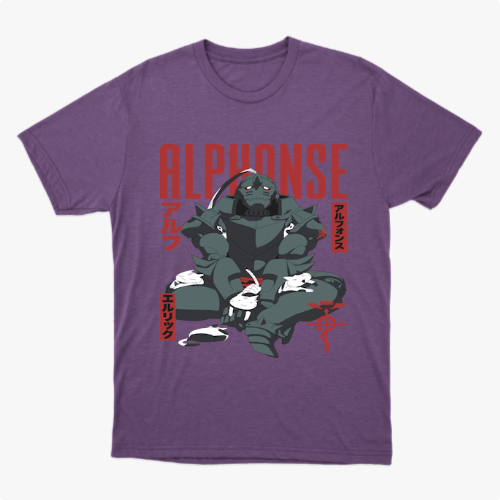 Camiseta com estampa frontal de uma figura robótica em posição sentada, cercada por pequenos coelhos e símbolos decorativos ao lado do texto "ALPHONSE".