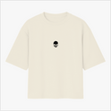 Camiseta com estampa frontal de caveira minimalista e estampa traseira de águia em voo com detalhes abstratos e texto estilizado "Rage Boys".