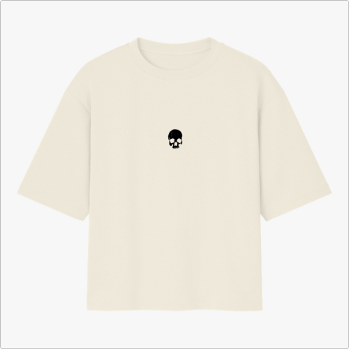 Camiseta com estampa frontal de caveira minimalista e estampa traseira de águia em voo com detalhes abstratos e texto estilizado "Rage Boys".