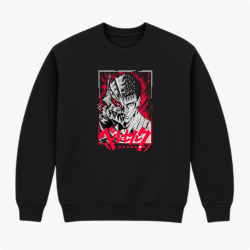 Moletom com estampa frontal de personagem em estilo mangá, metade humano metade monstro, cercado por efeitos dinâmicos e texto estilizado abaixo.
